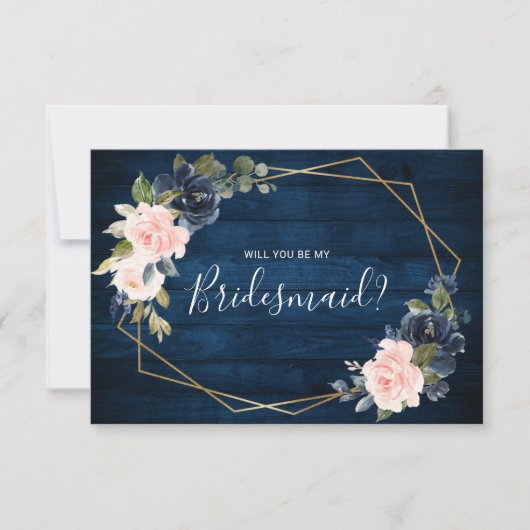 Rustic Wood Navy Geometric Bridesmaid Voorstel Kaart (Voorkant)