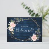 Rustic Wood Navy Geometric Bridesmaid Voorstel Kaart (Staand voorkant)