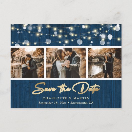 Rustic Wood Navy Gold Wedding Photo Save the Date Aankondigingskaart (Voorkant)