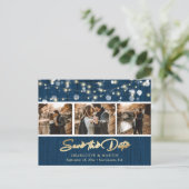 Rustic Wood Navy Gold Wedding Photo Save the Date Aankondigingskaart (Staand voorkant)