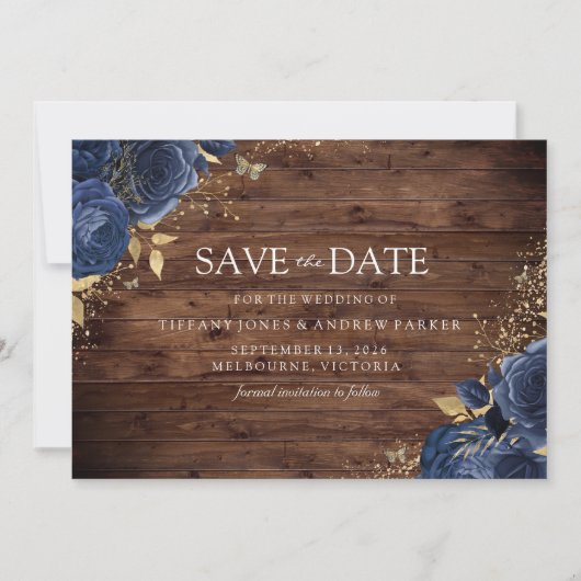 Rustic Wood Navy Indigo Rozen Gold Floral Wedding Save The Date (Voorkant)