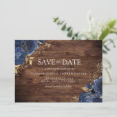 Rustic Wood Navy Indigo Rozen Gold Floral Wedding Save The Date (Staand voorkant)