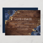 Rustic Wood Navy Indigo Rozen Gold Floral Wedding Save The Date (Voorkant / Achterkant)