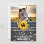 Rustic Wood Navy Lace Sunflower Weddenfoto Save The Date (Voorkant)
