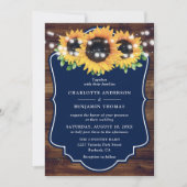 Rustic Wood Navy Sunflower Wedding Invitting Kaart (Voorkant)