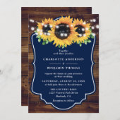 Rustic Wood Navy Sunflower Wedding Invitting Kaart (Voorkant / Achterkant)