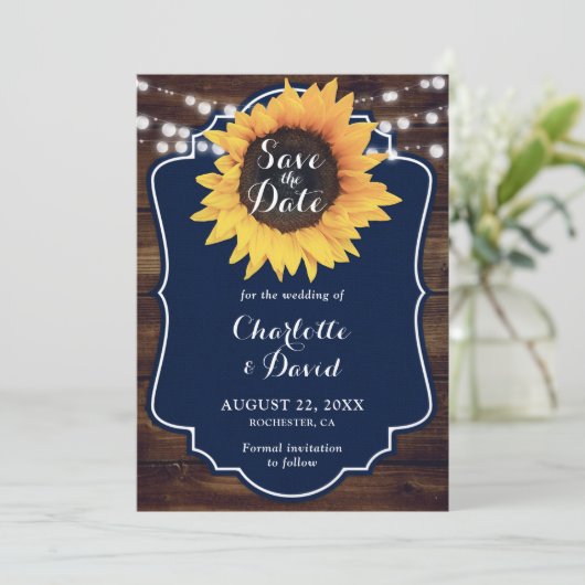 Rustic Wood Navy Sunflower Wedding Save The Date (Staand voorkant)