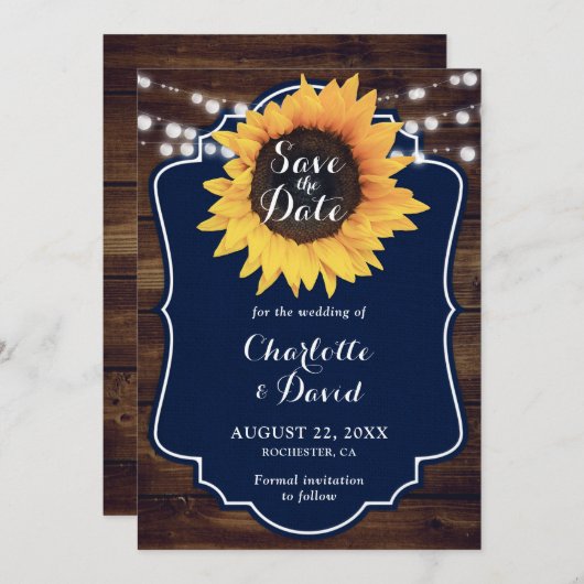 Rustic Wood Navy Sunflower Wedding Save The Date (Voorkant / Achterkant)