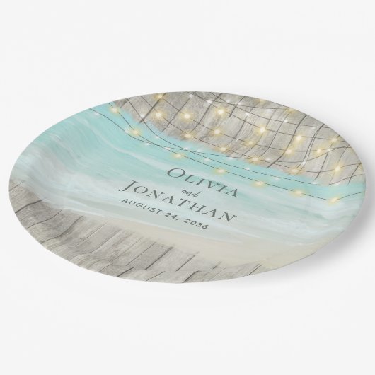 Rustic Wood Ocean Beach String Lights Wedding Papieren Bordje (Gekanteld)