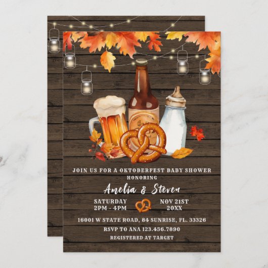 Rustic Wood Octoberfest Beer & Bottle Baby shower Kaart (Voorkant / Achterkant)