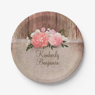 Rustic Wood Old Burlap Pink Flowers Barn Wedding Papieren Bordje