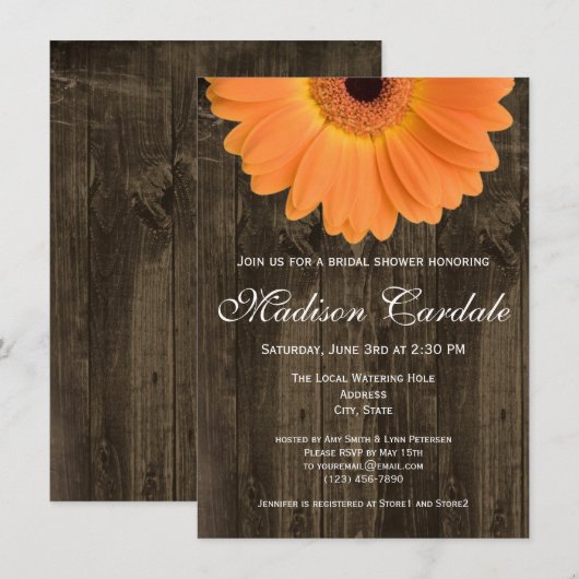 Rustic Wood Oranje Daisy Bridal Shower Kaart (Voorkant / Achterkant)