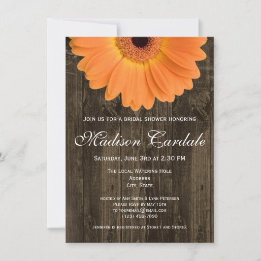 Rustic Wood Oranje Daisy Bridal Shower Kaart (Voorkant)