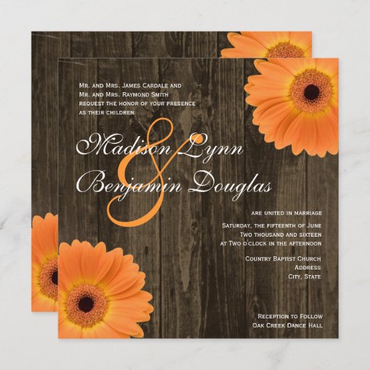 Rustic Wood Oranje Daisy Square Weddenschap Kaart (Voorkant / Achterkant)