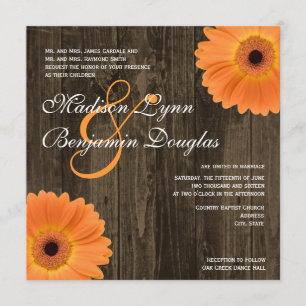 Rustic Wood Oranje Daisy Square Weddenschap Kaart