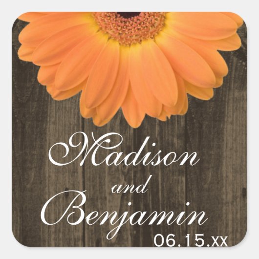 Rustic Wood Oranje Daisy Wedding Favor Stickers (Voorkant)