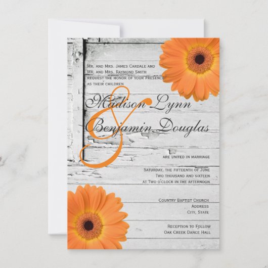 Rustic Wood Oranje Daisy Wedding Invitations Kaart (Voorkant)