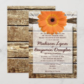 Rustic Wood Oranje Daisy Wedding Invitations Kaart (Voorkant / Achterkant)