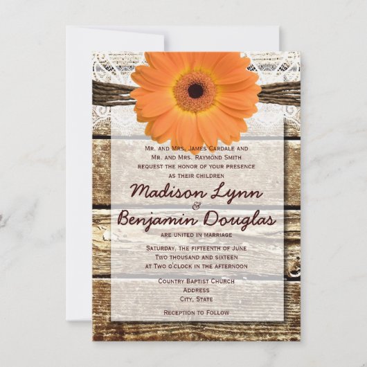 Rustic Wood Oranje Daisy Wedding Invitations Kaart (Voorkant)