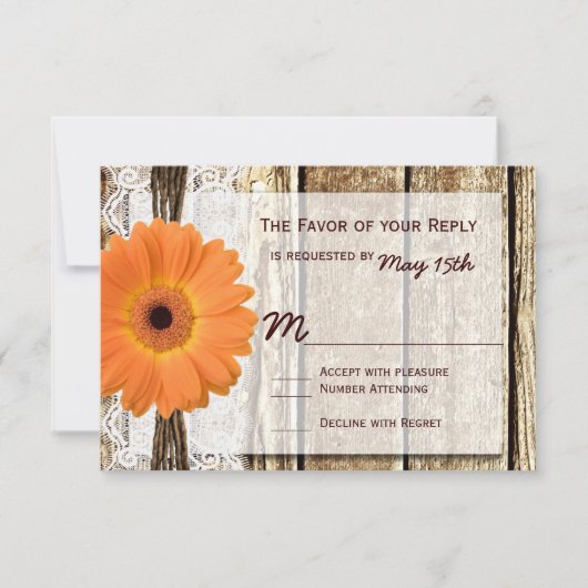 Rustic Wood Oranje Daisy Wedding RSVP-kaarten RSVP Kaartje (Voorkant)