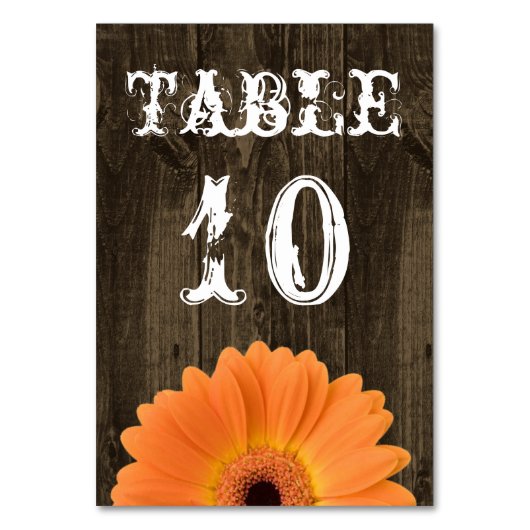 Rustic Wood Oranje Daisy Wedding Table Kaart (Voorkant)