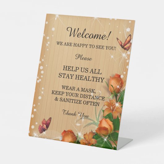 Rustic Wood Oranje Floral Butterfly Wedding Safety Reclamebord Met Voetstuk (Voorkant)