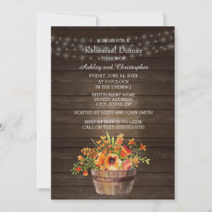 Rustic Wood Oranje Flowers Wedding Rehearsal Kaart