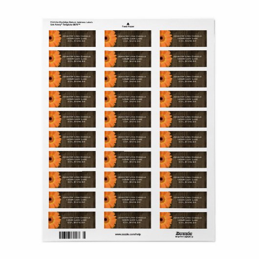 Rustic Wood Oranje Gerber Daisy Adresetiketten Etiket (Full Sheet)