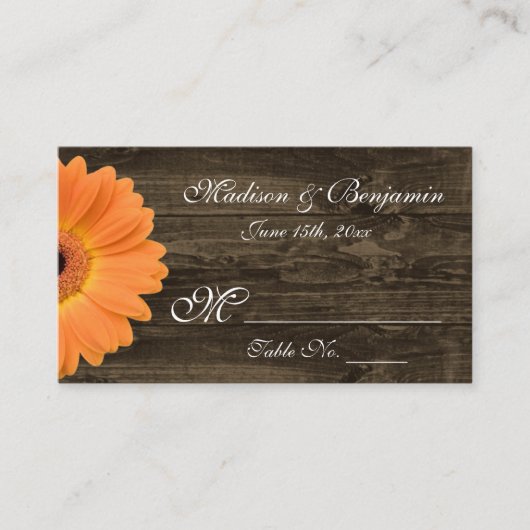 Rustic Wood Oranje Gerber Daisy Wedding Place Card Plaatskaartje (Voorkant)