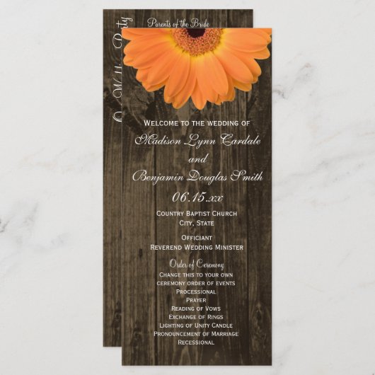 Rustic Wood Oranje Gerber Daisy Wedding Programs Programmakaart (Voorkant / Achterkant)