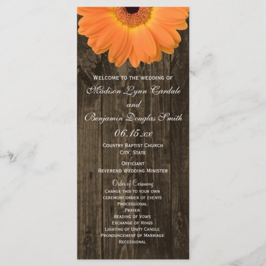 Rustic Wood Oranje Gerber Daisy Wedding Programs Programmakaart (Voorkant)