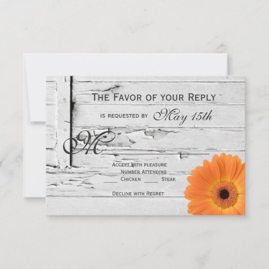 Rustic Wood Oranje Gerber Daisy Wedding RSVP-kaart RSVP Kaartje (Voorkant)