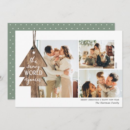 Rustic Wood Ornament 3 Foto-collage Kerstmis Feestdagenkaart (Voorkant / Achterkant)