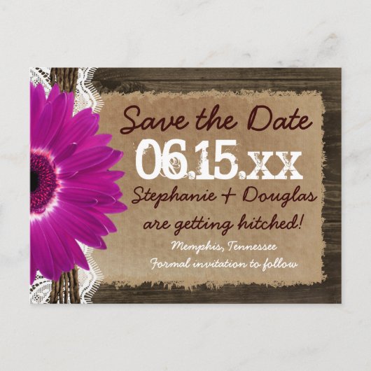 Rustic Wood Paars Daisy Save the Date Briefkaarten (Voorkant)