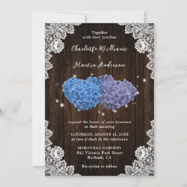 Rustic Wood Paars en Blue Floral Hearts Wedding Kaart