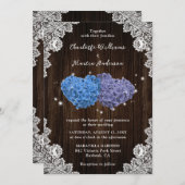 Rustic Wood Paars en Blue Floral Hearts Wedding Kaart (Voorkant / Achterkant)