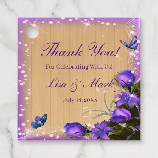 Rustic Wood Paars Floral Butterfly Wedding Bedankjes Labels (Voorkant)
