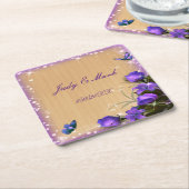 Rustic Wood Paars Floral Butterfly Wedding Kartonnen Onderzetters (Schuin)