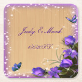 Rustic Wood Paars Floral Butterfly Wedding Kartonnen Onderzetters (Voorkant)