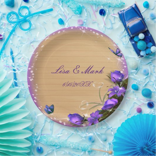 Rustic Wood Paars Floral Butterfly Wedding Papieren Bordje (Feest)