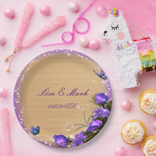 Rustic Wood Paars Floral Butterfly Wedding Papieren Bordje (Feest)