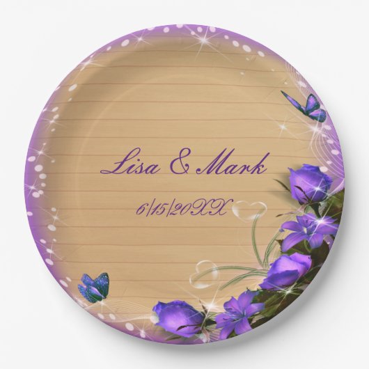 Rustic Wood Paars Floral Butterfly Wedding Papieren Bordje (Voorkant)