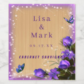 Rustic Wood Paars Floral Butterfly Wedding Wijn Etiket (Enkel label)