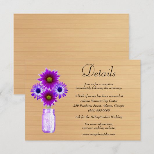 Rustic Wood Paars Floral Mason Jar Wedding Detail Informatiekaartje (Voorkant / Achterkant)