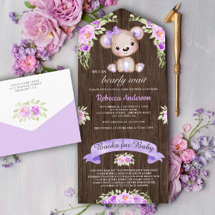 Rustic Wood Paars Floral Teddy Bear Baby shower All In One Uitnodiging