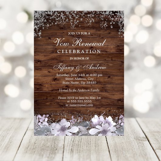 Rustic Wood Paars Floral Vow Renewal Invite Kaart