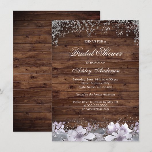 Rustic Wood Paars Floral Vrijgezellenfeest Invite Kaart (Voorkant / Achterkant)