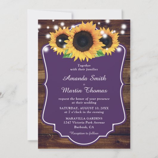 Rustic Wood Paarse Sunflower Wedding Kaart (Voorkant)