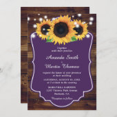 Rustic Wood Paarse Sunflower Wedding Kaart (Voorkant / Achterkant)