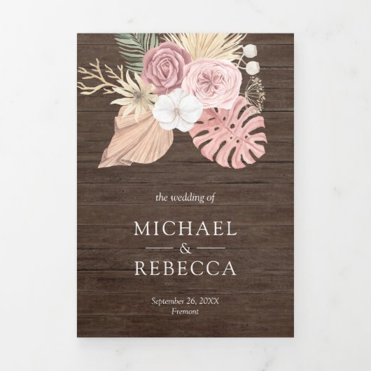 Rustic Wood Palm Dusty Roses QR Code Weddenschap Drieluik Uitnodiging (Cover)